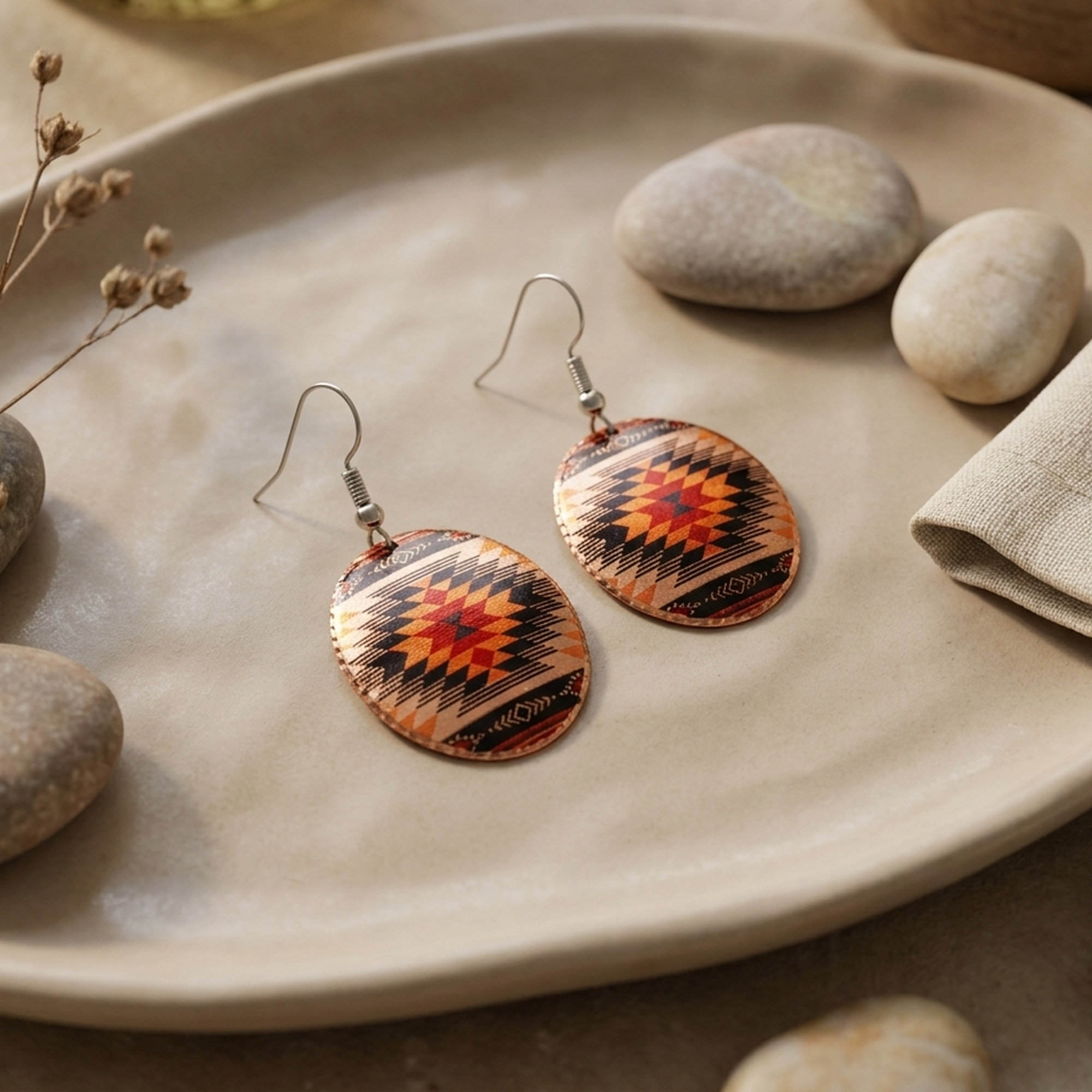Kilim Kenar Bordürlü El Yapımı Bakır Küpe