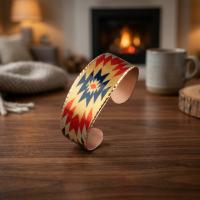 Kalın Bakır Bileklik - Aztek Kilim Desenli Geniş Kalıp